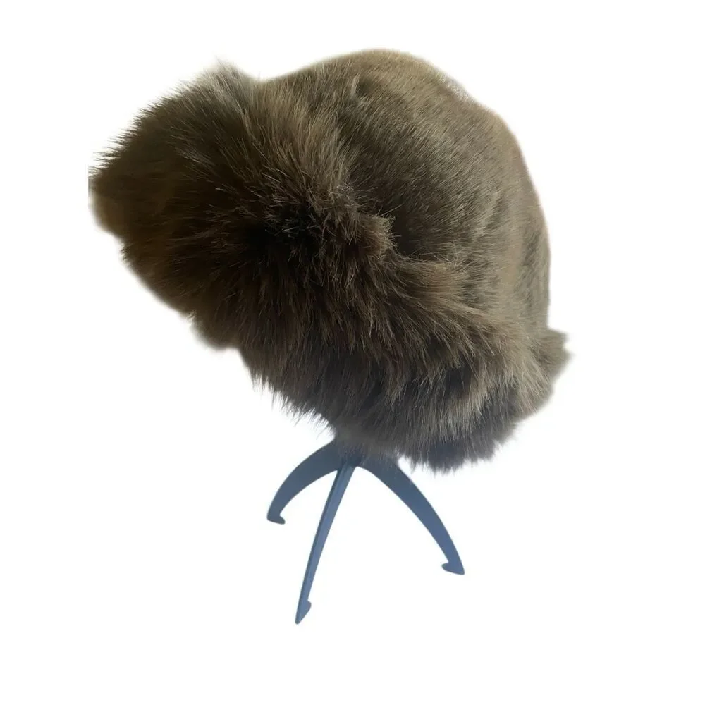Brown Faux Fur Wide Brim Winter Hat-One Size